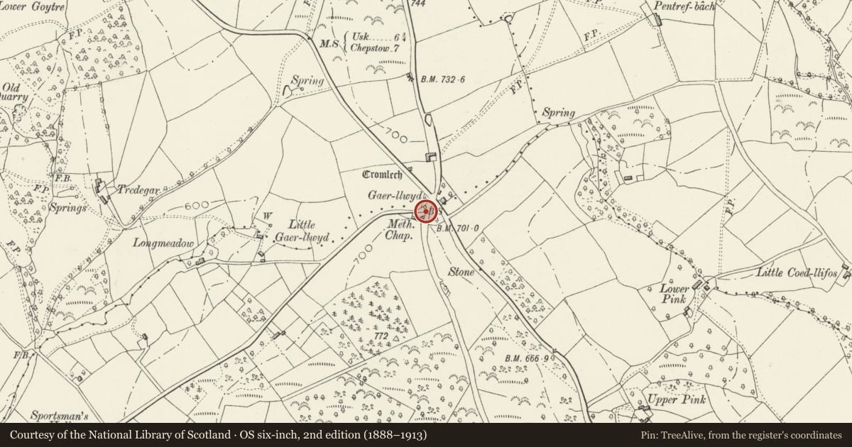 Ordnance Survey six-inch map, 2nd edition (1888–1913) covering the location of Telephone Call Box at Crossroads adjacent to Boundary Wall of Gaerllwyd Baptist Chapel, Shirenewton, Monmouthshire, with a pin at the register's coordinates