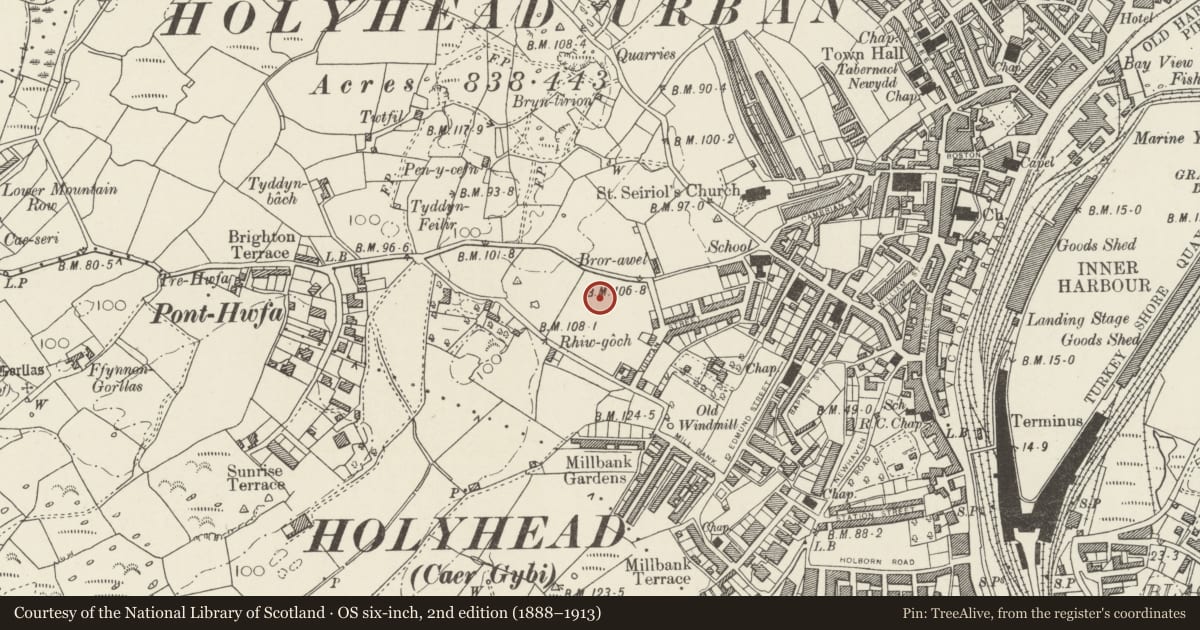 Ordnance Survey six-inch map, 2nd edition (1888–1913) covering the location of Cybi Building, Holyhead High School, Isle of Anglesey, with a pin at the register's coordinates