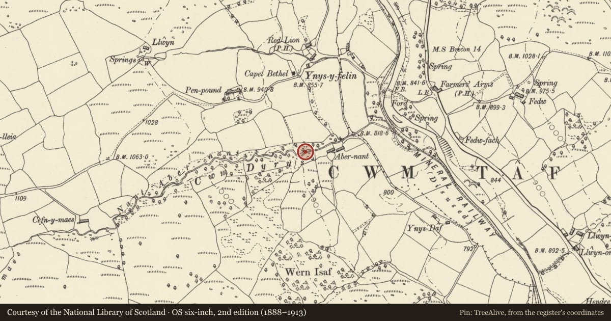 Ordnance Survey six-inch map, 2nd edition (1888–1913) covering the location of Bridge over Nant Aber-nant stream, Hirwaun, Rhondda Cynon Taff, with a pin at the register's coordinates