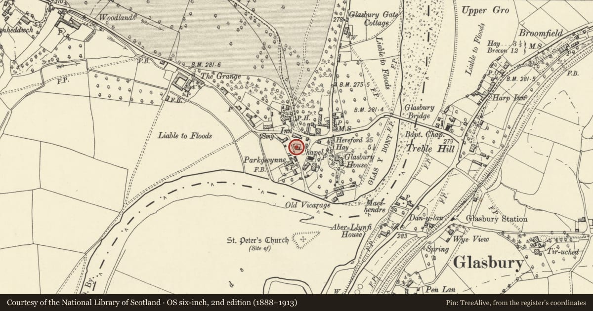 Ordnance Survey six-inch map, 2nd edition (1888–1913) covering the location of Green House, Glasbury, Powys, with a pin at the register's coordinates
