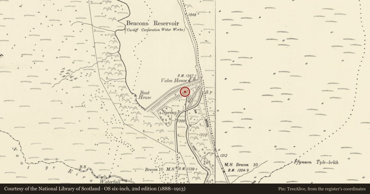 Ordnance Survey six-inch map, 2nd edition (1888–1913) covering the location of Beacons Reservoir Dam including draw-off tower, bridge and spillway, Glyn Tarell, Powys, with a pin at the register's coordinates