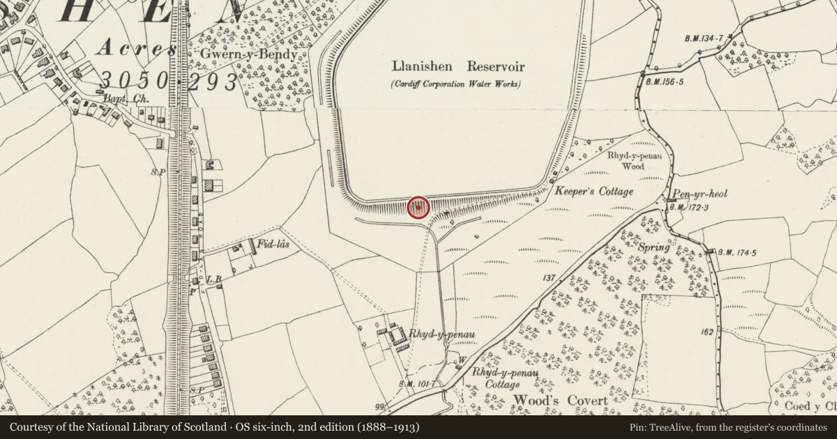 Ordnance Survey six-inch map, 2nd edition (1888–1913) covering the location of Llanishen Reservoir Dam, Cardiff, with a pin at the register's coordinates