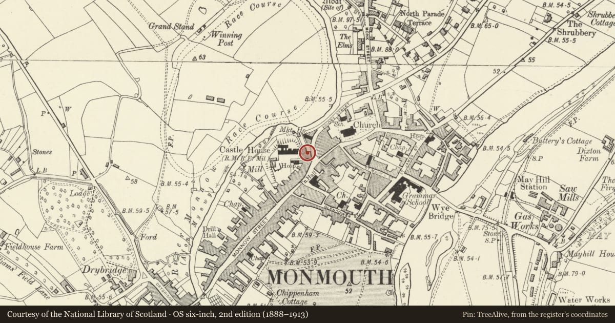 Ordnance Survey six-inch map, 2nd edition (1888–1913) covering the location of Iceland (Former Woolworths Store), Monmouth, Monmouthshire, with a pin at the register's coordinates