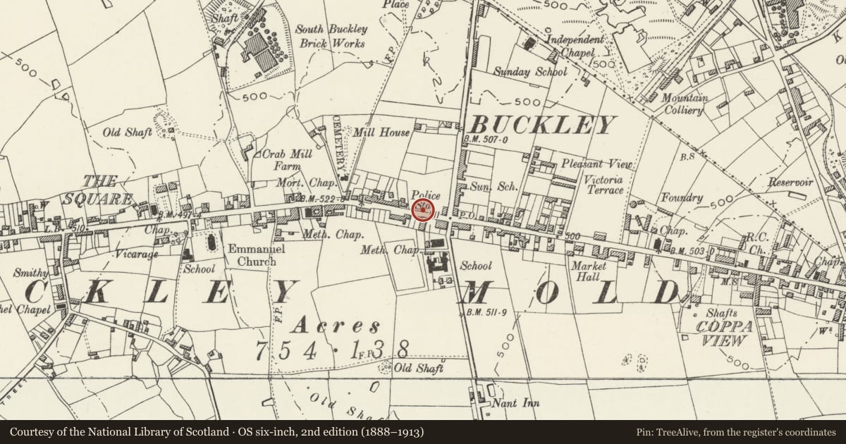 Ordnance Survey six-inch map, 2nd edition (1888–1913) covering the location of Buckley Town Council Offices and Library, Flintshire, with a pin at the register's coordinates