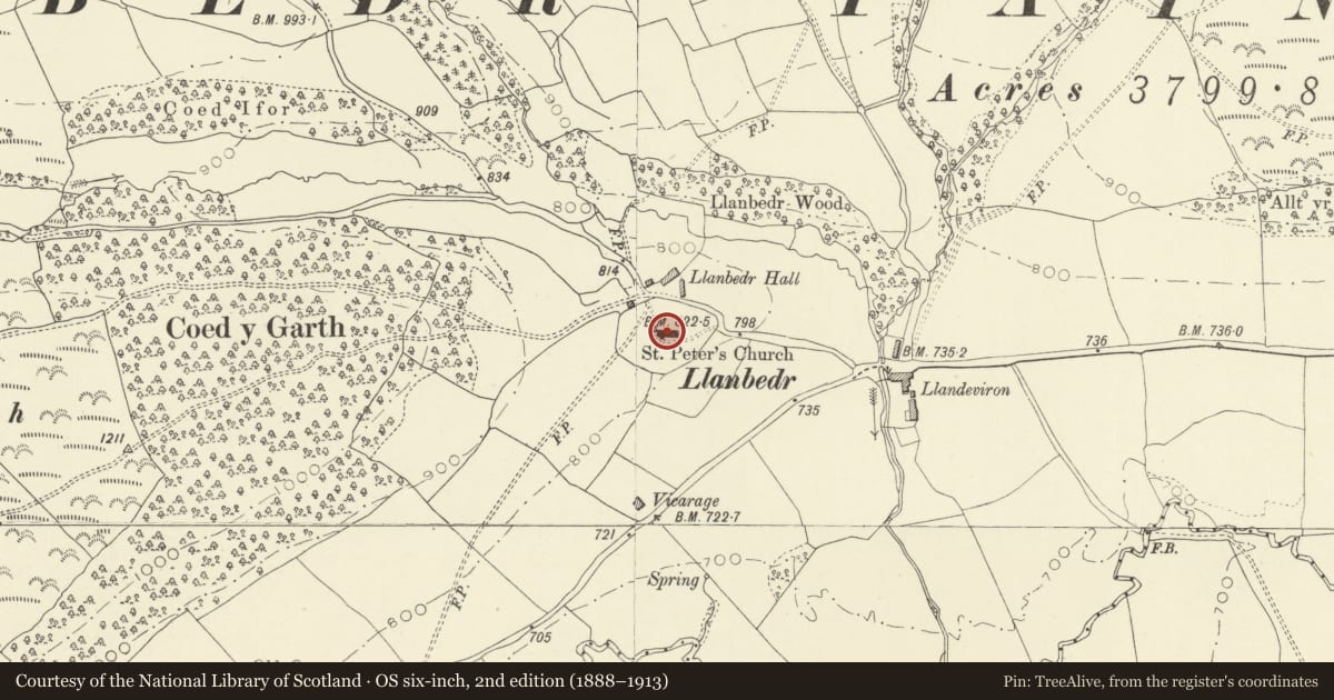 Ordnance Survey six-inch map, 2nd edition (1888–1913) covering the location of Church of St Peter, Painscastle, Powys, with a pin at the register's coordinates
