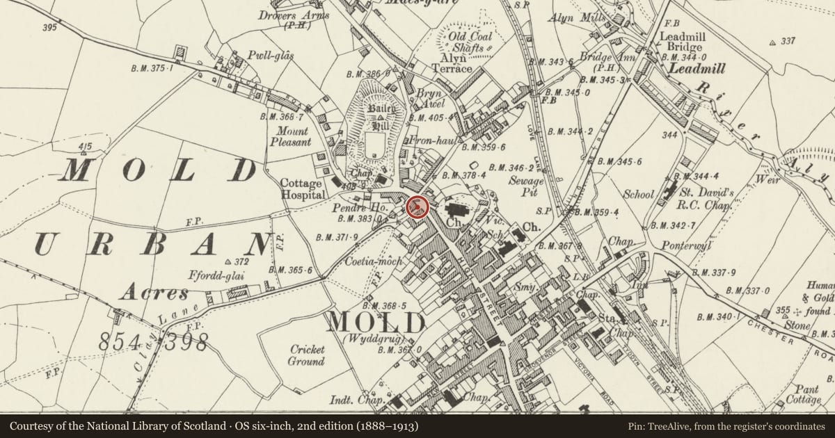 Ordnance Survey six-inch map, 2nd edition (1888–1913) covering the location of 90 High Street, Mold, Flintshire, with a pin at the register's coordinates