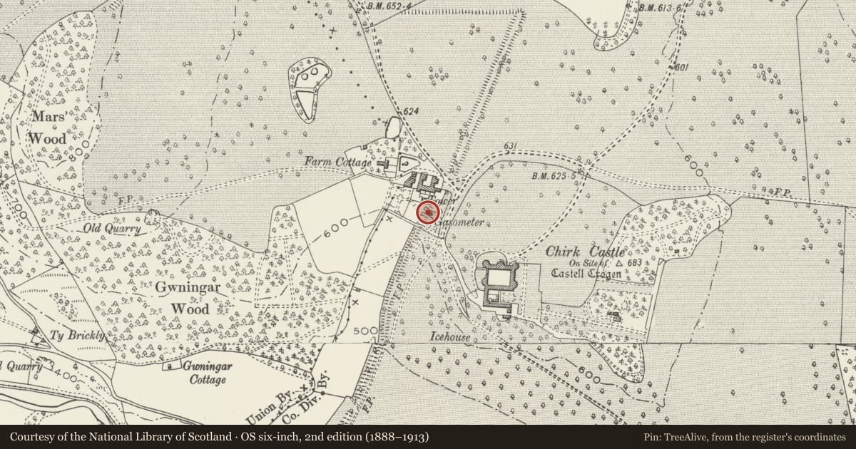 Ordnance Survey six-inch map, 2nd edition (1888–1913) covering the location of Squash Court at Chirk Castle, Wrexham, with a pin at the register's coordinates