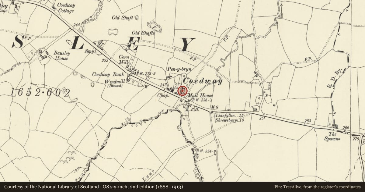 Ordnance Survey six-inch map, 2nd edition (1888–1913) covering the location of Former Malthouse and attached Stables, Bausley with Criggion, Powys, with a pin at the register's coordinates