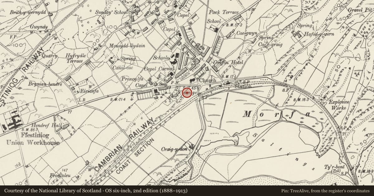 Ordnance Survey six-inch map, 2nd edition (1888–1913) covering the location of Mardir, Penrhyndeudraeth, Gwynedd, with a pin at the register's coordinates