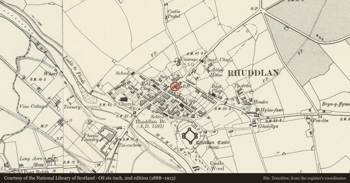 Ordnance Survey six-inch map, 2nd edition (1888–1913) covering the location of Bryn Awel and Fondella Building, Rhuddlan, Denbighshire, with a pin at the register's coordinates
