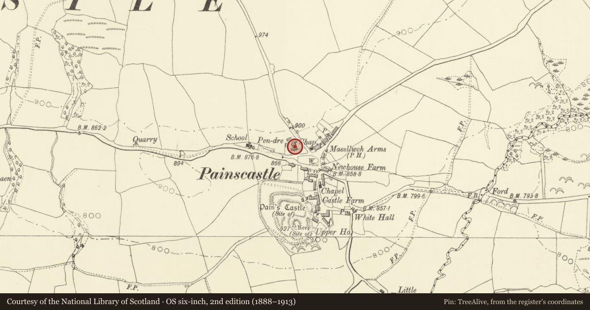 Ordnance Survey six-inch map, 2nd edition (1888–1913) covering the location of Pendre, Painscastle, Powys, with a pin at the register's coordinates