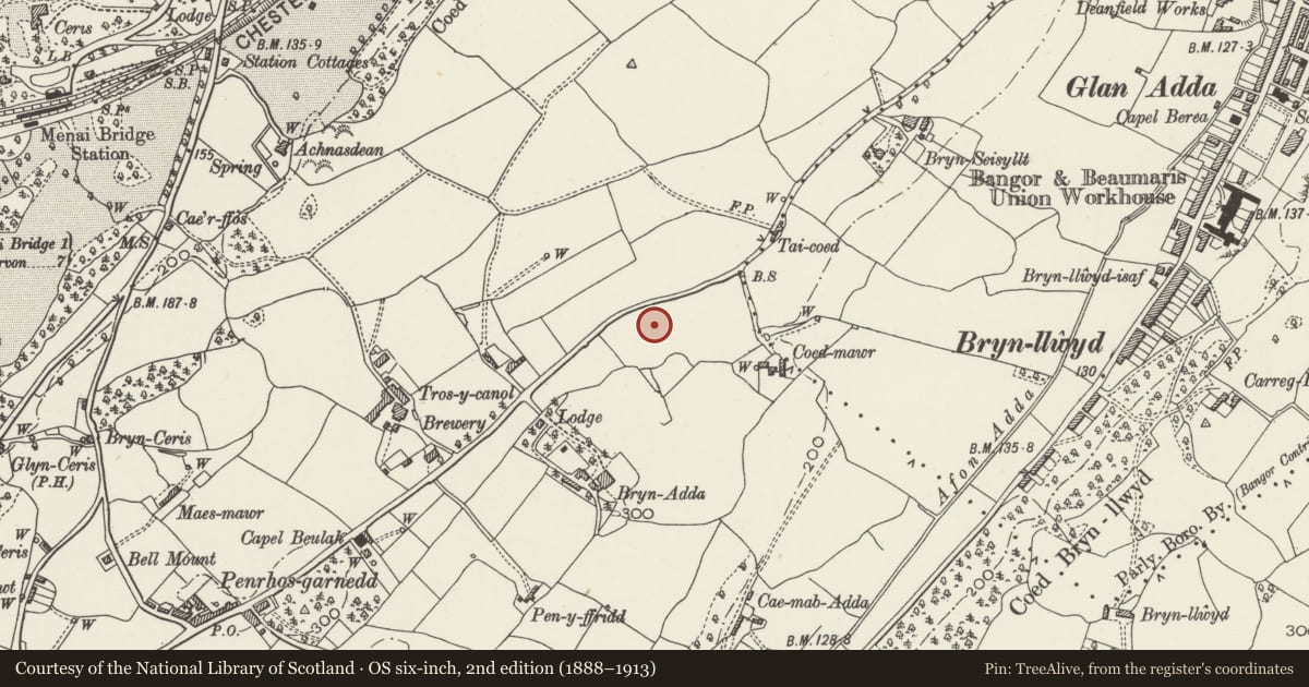 Ordnance Survey six-inch map, 2nd edition (1888–1913) covering the location of Hafod Elfyn (former Natural Environment Research Council Offices), Bangor, Gwynedd, with a pin at the register's coordinates
