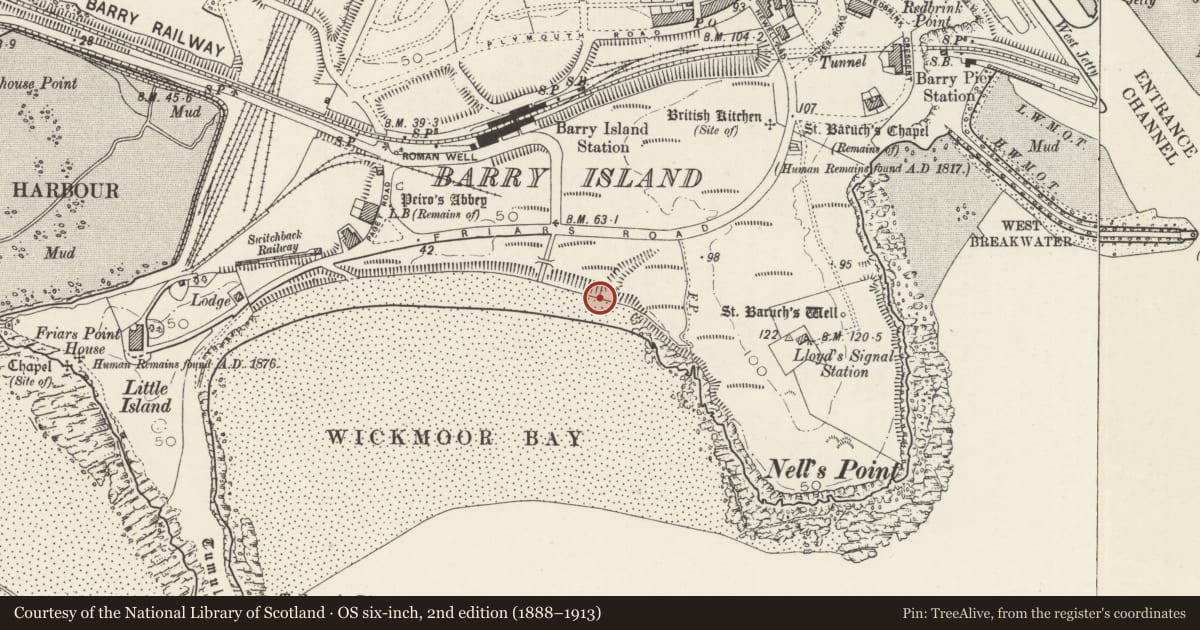Ordnance Survey six-inch map, 2nd edition (1888–1913) covering the location of East Shelter, Barry, Vale of Glamorgan, with a pin at the register's coordinates