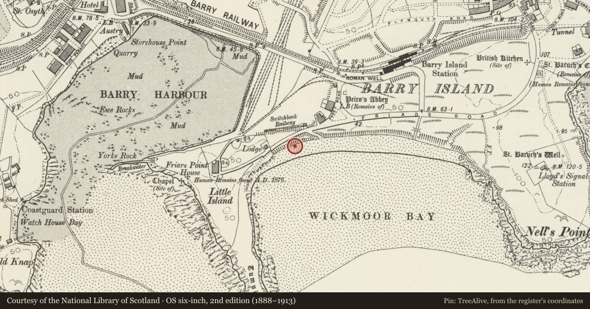 Ordnance Survey six-inch map, 2nd edition (1888–1913) covering the location of West Shelter and Amusement Arcade, Barry, Vale of Glamorgan, with a pin at the register's coordinates