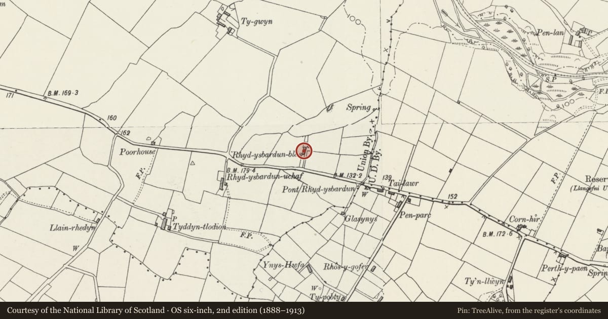 Ordnance Survey six-inch map, 2nd edition (1888–1913) covering the location of Rhyd y Spardyn Blas, Bodffordd, Isle of Anglesey, with a pin at the register's coordinates