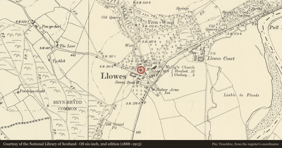 Ordnance Survey six-inch map, 2nd edition (1888–1913) covering the location of Former Mill, Glasbury, Powys, with a pin at the register's coordinates