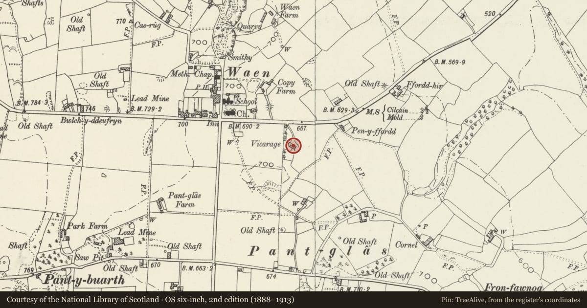 Ordnance Survey six-inch map, 2nd edition (1888–1913) covering the location of The Former Vicarage, Gwernaffield with Pantmwyn, Flintshire, with a pin at the register's coordinates