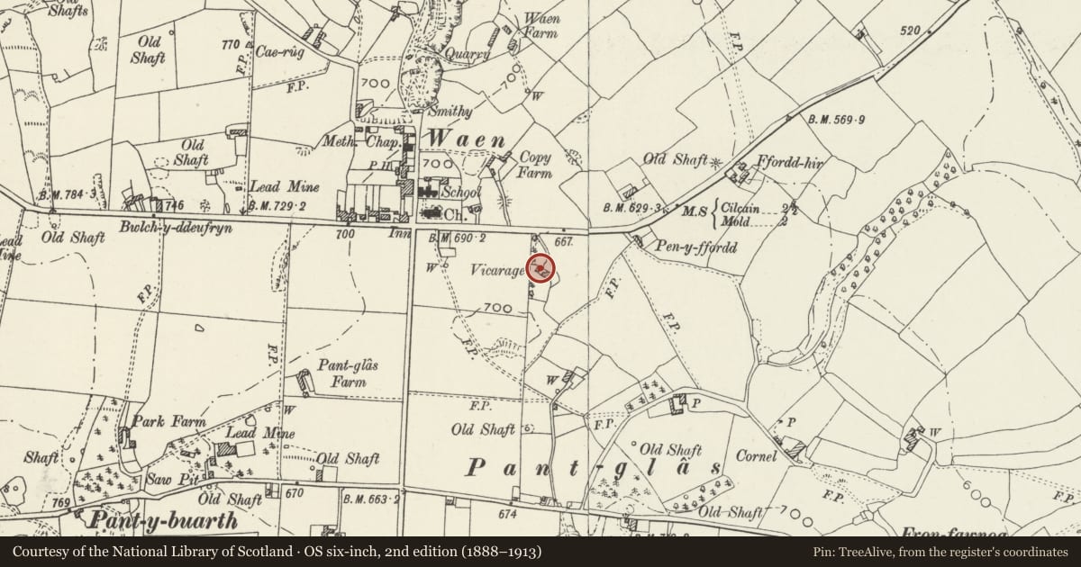 Ordnance Survey six-inch map, 2nd edition (1888–1913) covering the location of Coach-house at the Former Vicarage, Gwernaffield with Pantmwyn, Flintshire, with a pin at the register's coordinates