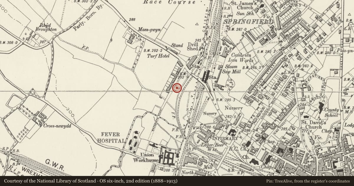 Ordnance Survey six-inch map, 2nd edition (1888–1913) covering the location of The Former Mines Rescue Centre, Offa, Wrexham, with a pin at the register's coordinates