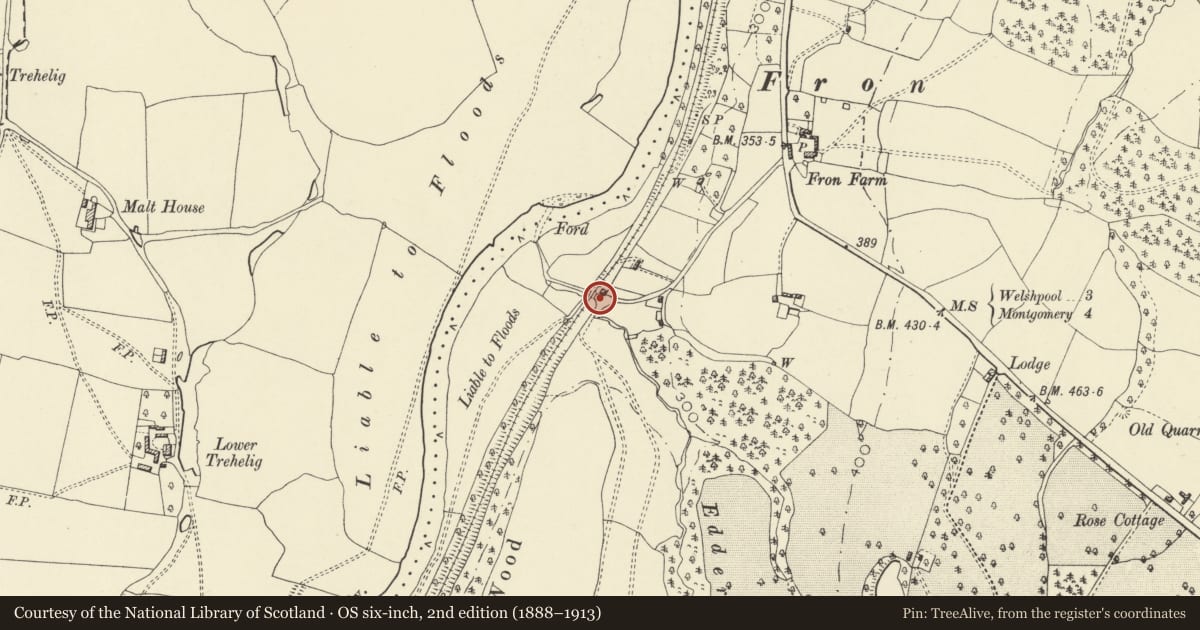 Ordnance Survey six-inch map, 2nd edition (1888–1913) covering the location of Former Crossing Keeper's Cabin, Forden with Leighton and Trelystan, Powys, with a pin at the register's coordinates
