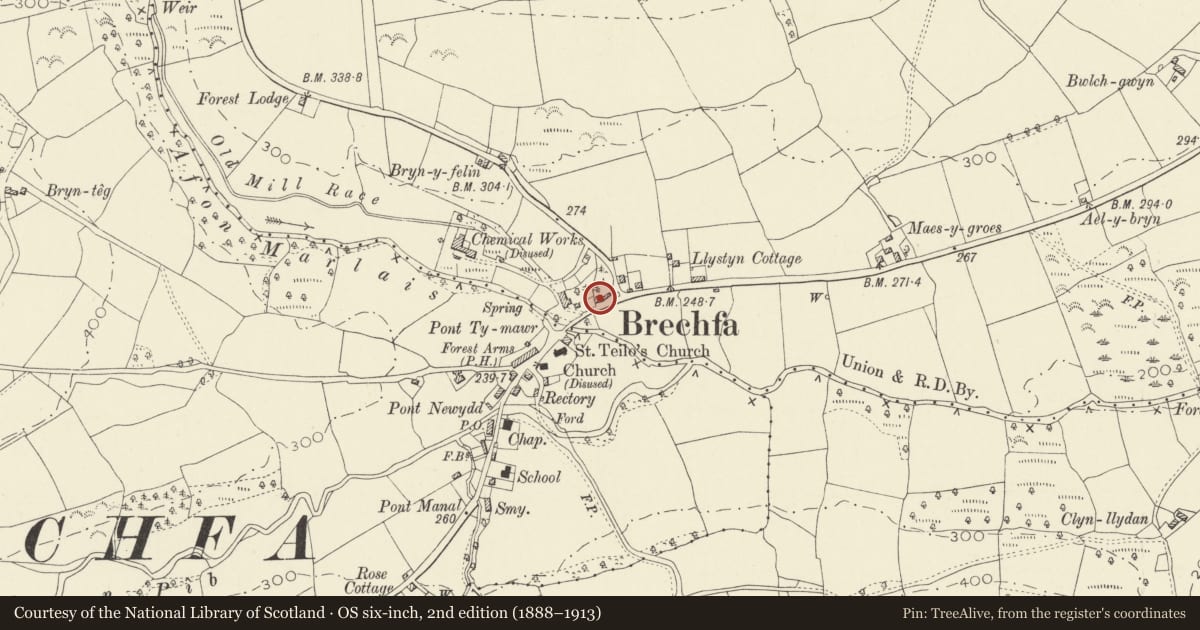 Ordnance Survey six-inch map, 2nd edition (1888–1913) covering the location of Whitehall, Llanfihangel Rhos-y-Corn, Carmarthenshire, with a pin at the register's coordinates