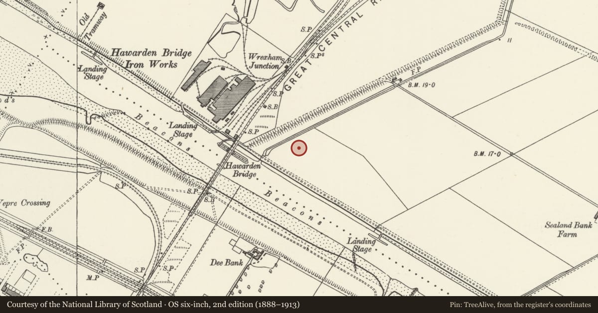 Ordnance Survey six-inch map, 2nd edition (1888–1913) covering the location of Former Office Buildings, Shotton Steelworks, Sealand, Flintshire, with a pin at the register's coordinates