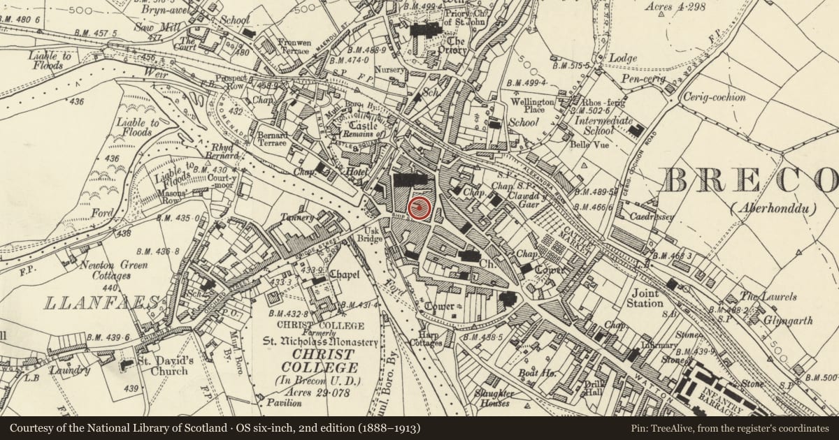 Ordnance Survey six-inch map, 2nd edition (1888–1913) covering the location of Brecon County Library, Powys, with a pin at the register's coordinates
