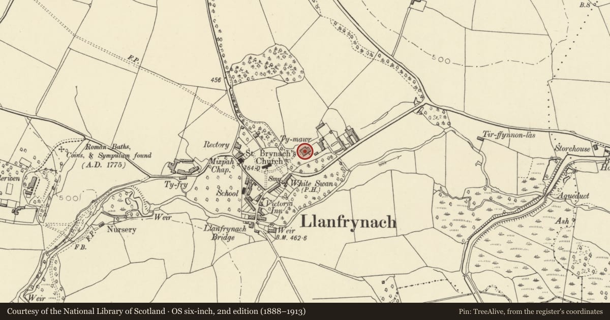 Ordnance Survey six-inch map, 2nd edition (1888–1913) covering the location of Ty Mawr, Llanfrynach, Powys, with a pin at the register's coordinates
