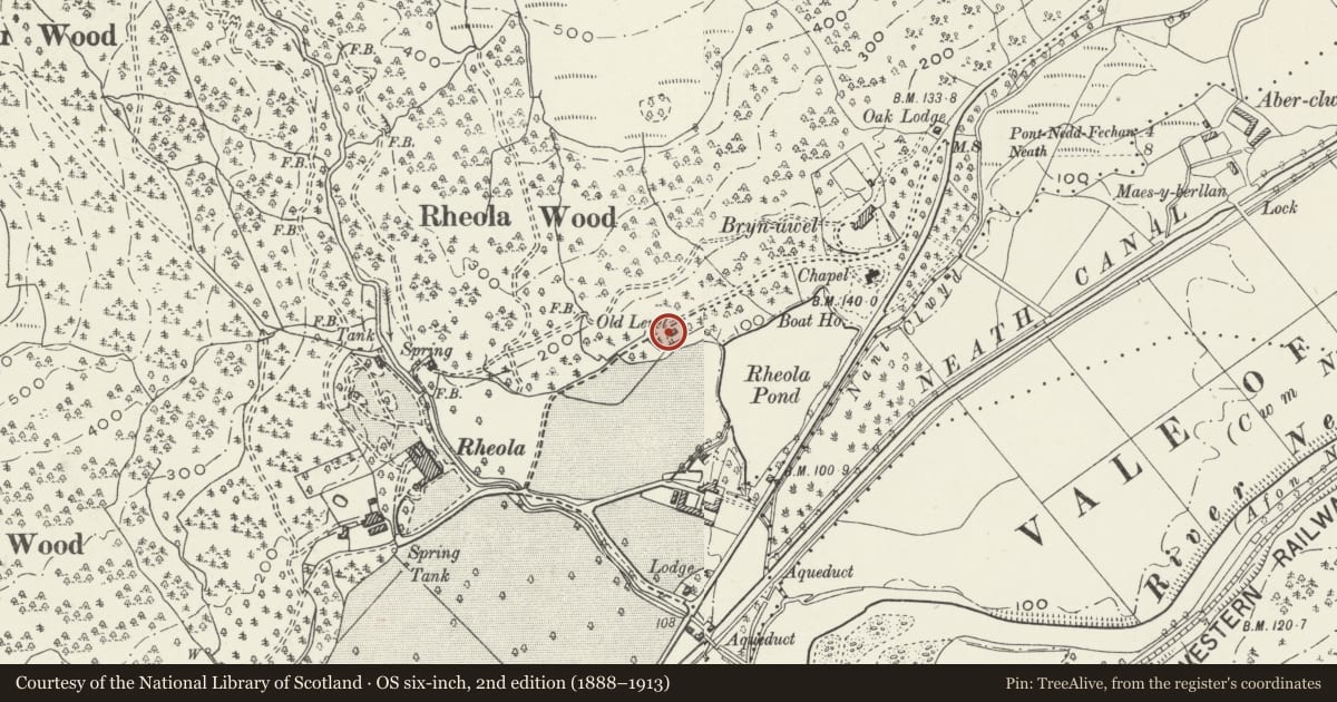 Ordnance Survey six-inch map, 2nd edition (1888–1913) covering the location of Icehouse at Rheola House, Glynneath, Neath Port Talbot, with a pin at the register's coordinates
