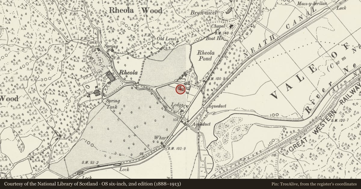Ordnance Survey six-inch map, 2nd edition (1888–1913) covering the location of Stables and Coach House at Rheola House, Glynneath, Neath Port Talbot, with a pin at the register's coordinates