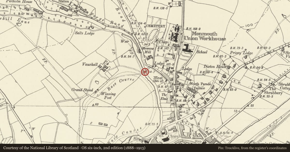 Ordnance Survey six-inch map, 2nd edition (1888–1913) covering the location of Inglis Bridge over River Monnow, Monmouth, Monmouthshire, with a pin at the register's coordinates