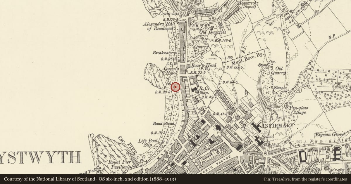 Ordnance Survey six-inch map, 2nd edition (1888–1913) covering the location of Seafront Shelter, The Promenade, Aberystwyth, Ceredigion, with a pin at the register's coordinates