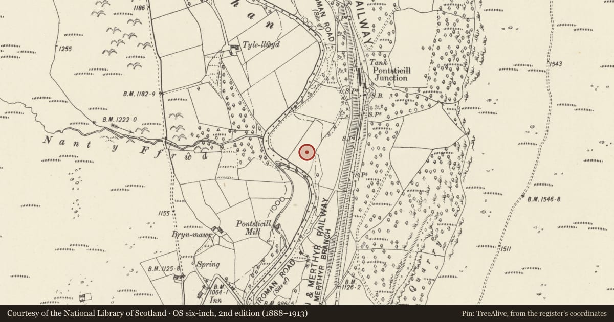 Ordnance Survey six-inch map, 2nd edition (1888–1913) covering the location of Dam, valve tower, bridge and outflow on Pontsticill Reservoir, Vaynor, Merthyr Tydfil, with a pin at the register's coordinates