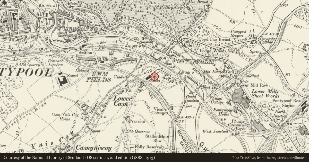 Ordnance Survey six-inch map, 2nd edition (1888–1913) covering the location of Mount Cottage, Pontymoile, Torfaen, with a pin at the register's coordinates