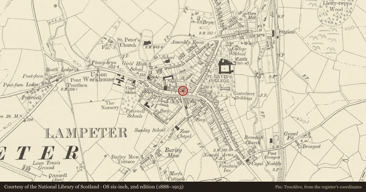 Ordnance Survey six-inch map, 2nd edition (1888–1913) covering the location of Tenovus/Pet Shop, Lampeter, Ceredigion, with a pin at the register's coordinates