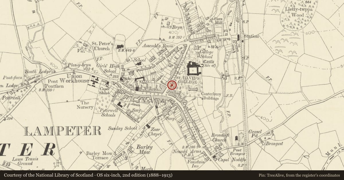 Ordnance Survey six-inch map, 2nd edition (1888–1913) covering the location of Lodge to St Davids University, Lampeter, Ceredigion, with a pin at the register's coordinates