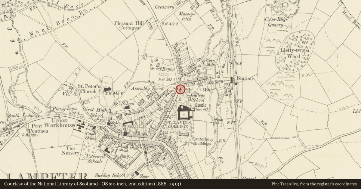 Ordnance Survey six-inch map, 2nd edition (1888–1913) covering the location of Gates and Boundary wall to St Davids University College, Lampeter, Ceredigion, with a pin at the register's coordinates