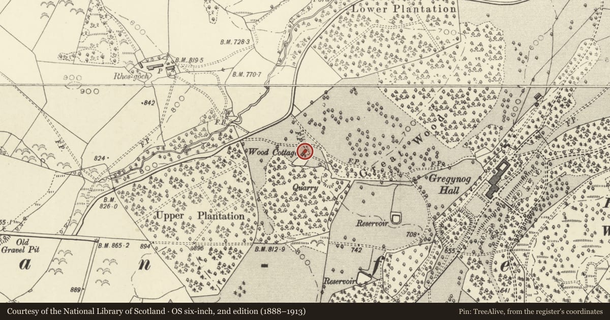 Ordnance Survey six-inch map, 2nd edition (1888–1913) covering the location of Wood Cottage, Tregynon, Powys, with a pin at the register's coordinates