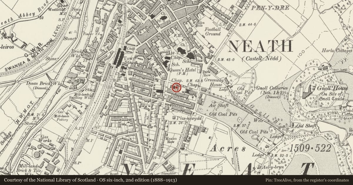 Ordnance Survey six-inch map, 2nd edition (1888–1913) covering the location of Neath Library, Neath Port Talbot, with a pin at the register's coordinates
