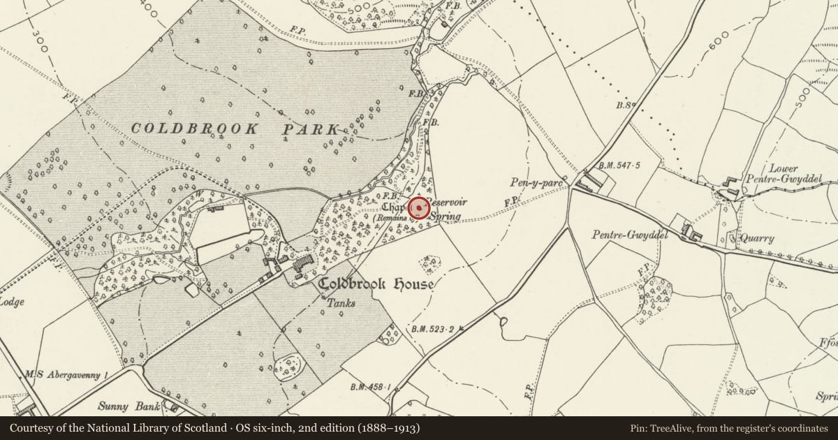 Ordnance Survey six-inch map, 2nd edition (1888–1913) covering the location of Coldbrook Chapel, Gobion Fawr, Monmouthshire, with a pin at the register's coordinates