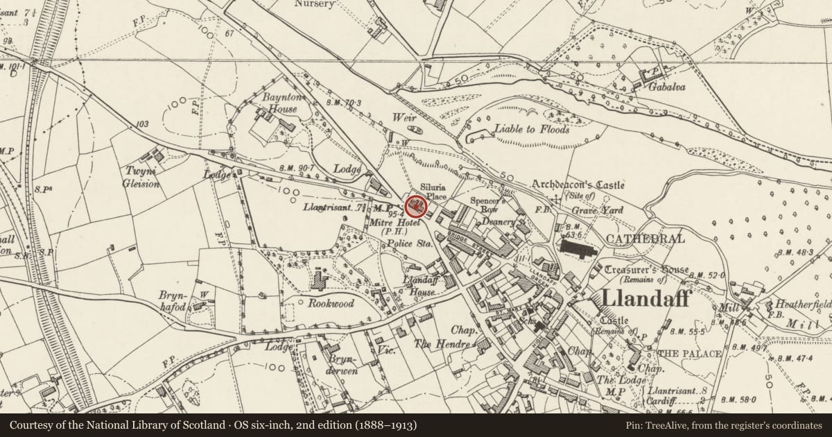Ordnance Survey six-inch map, 2nd edition (1888–1913) covering the location of The Heathcock PH (incl. no.62), Llandaff, Cardiff, with a pin at the register's coordinates