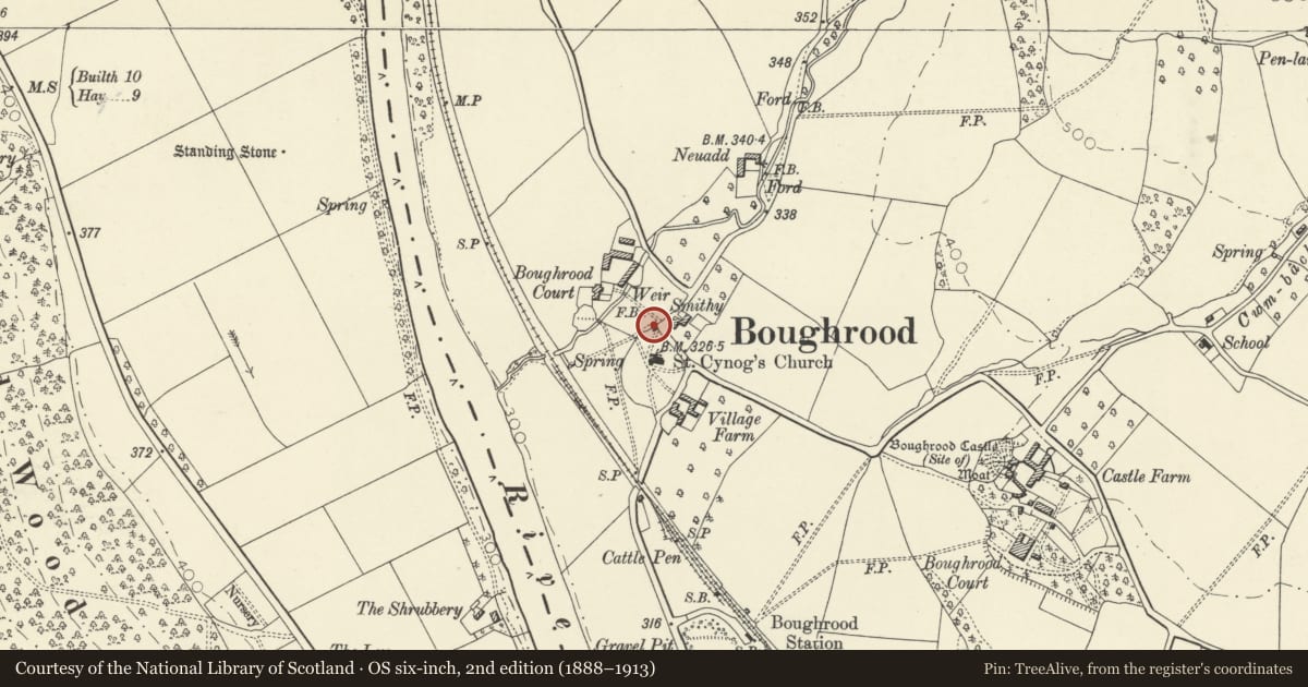 Ordnance Survey six-inch map, 2nd edition (1888–1913) covering the location of Bier House at Church of St Cynog, Glasbury, Powys, with a pin at the register's coordinates