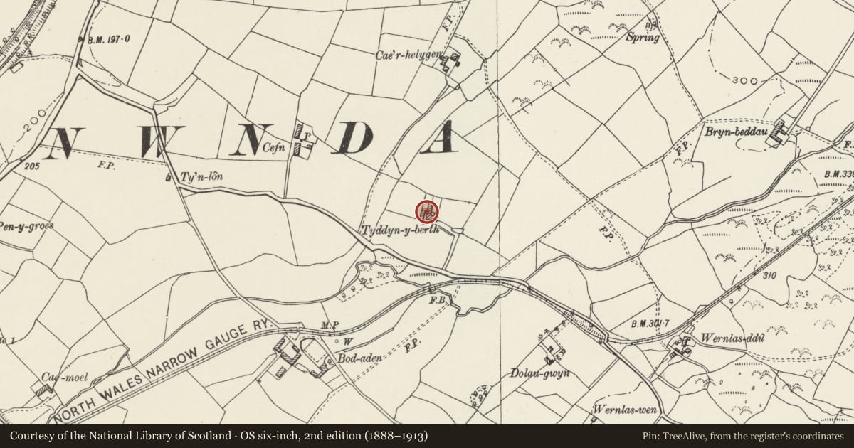 Ordnance Survey six-inch map, 2nd edition (1888–1913) covering the location of Tyddyn Berth, Bontnewydd, Gwynedd, with a pin at the register's coordinates