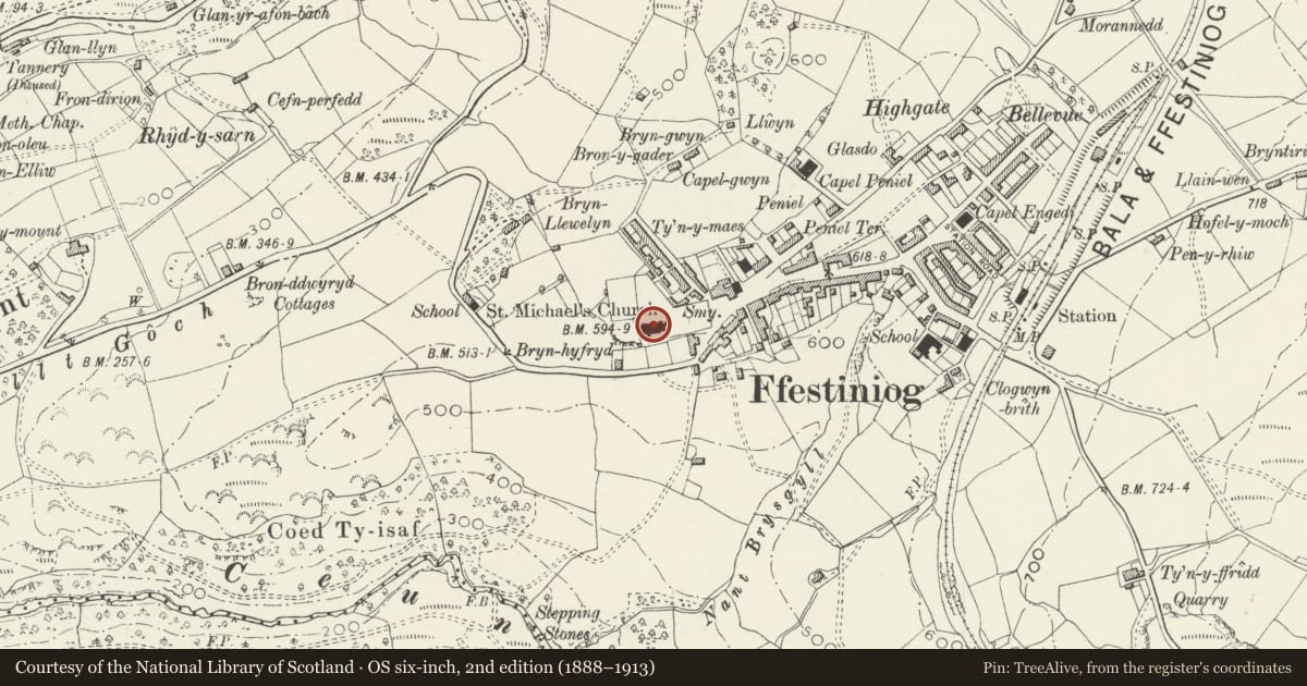 Ordnance Survey six-inch map, 2nd edition (1888–1913) covering the location of Church of St Michael, Ffestiniog, Gwynedd, with a pin at the register's coordinates