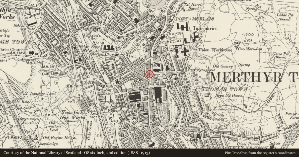 Ordnance Survey six-inch map, 2nd edition (1888–1913) covering the location of 115 High Street, Town, Merthyr Tydfil, with a pin at the register's coordinates