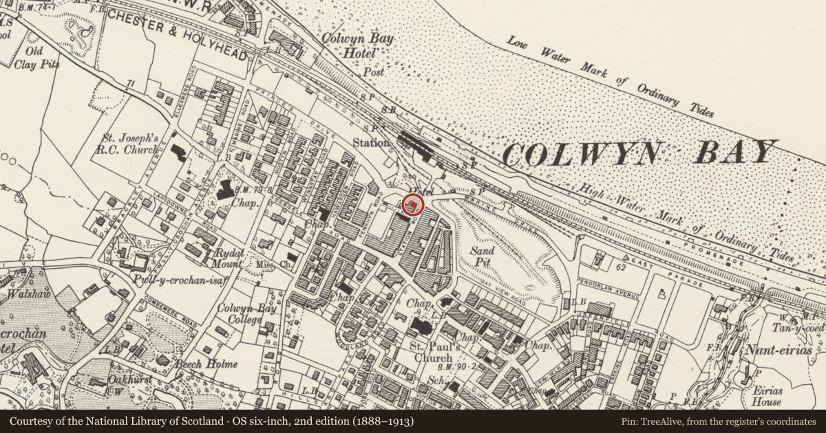Ordnance Survey six-inch map, 2nd edition (1888–1913) covering the location of The Imperial Hotel, Colwyn Bay, Conwy, with a pin at the register's coordinates