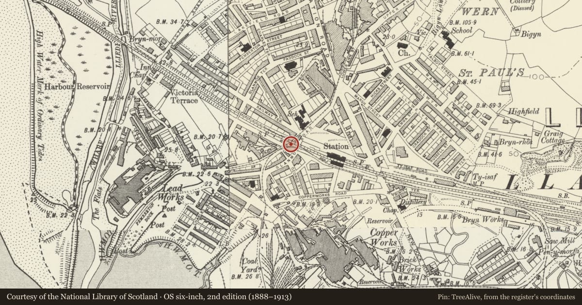 Ordnance Survey six-inch map, 2nd edition (1888–1913) covering the location of Llanelli West Signal Box, Carmarthenshire, with a pin at the register's coordinates