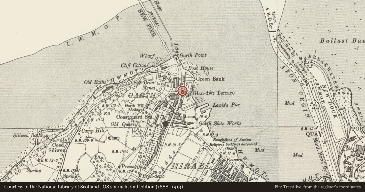 Ordnance Survey six-inch map, 2nd edition (1888–1913) covering the location of 1 - 7 Glandwr Terrace, Bangor, Gwynedd, with a pin at the register's coordinates