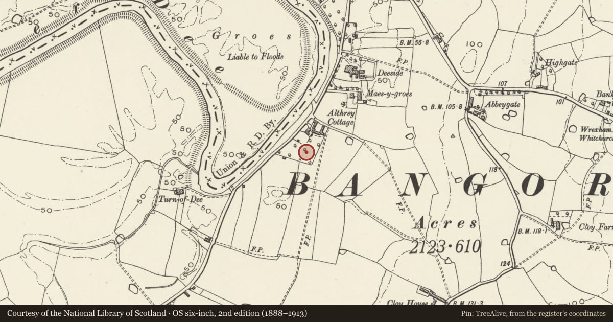 Ordnance Survey six-inch map, 2nd edition (1888–1913) covering the location of Hole in the Wall, Bangor is-y-Coed, Wrexham, with a pin at the register's coordinates