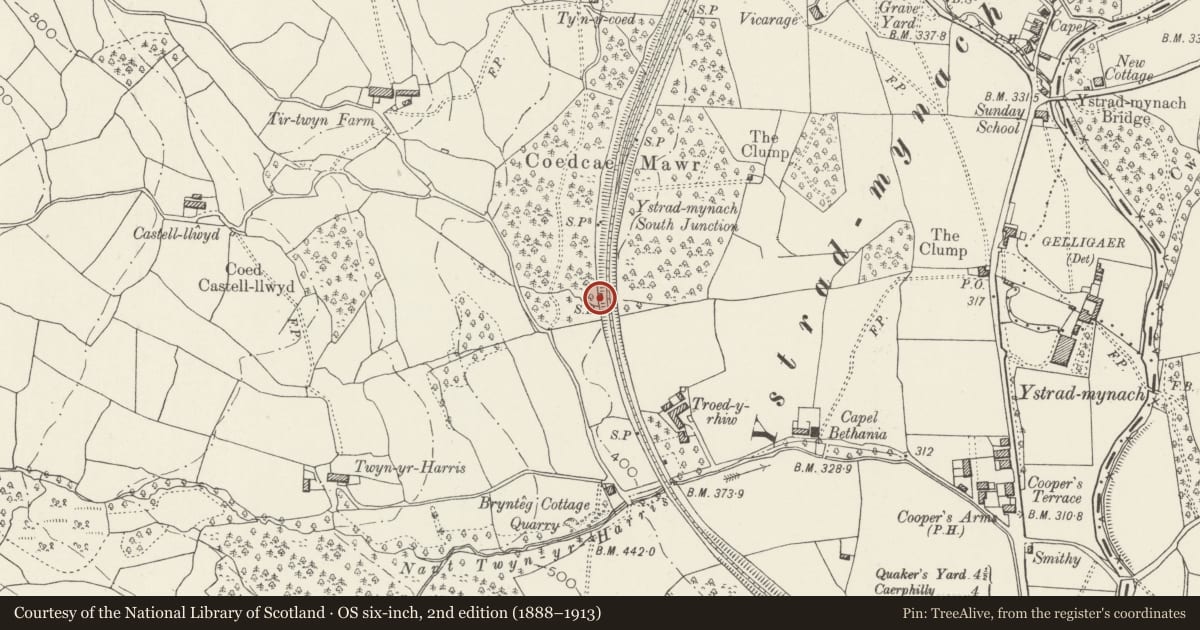 Ordnance Survey six-inch map, 2nd edition (1888–1913) covering the location of Ystrad Mynach South Signal Box, Gelligaer, Caerphilly, with a pin at the register's coordinates